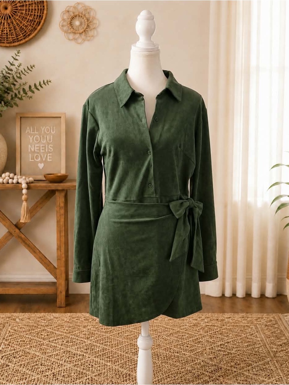 HYFVE Forest Green Tie-Waist Long Sleeve Shirt Dress